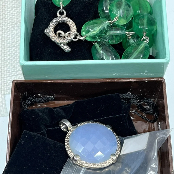 Vintage Signed Gerard Yosca Green Stone Necklace & Blue Chalcedony Pendant - Picture 9 of 16